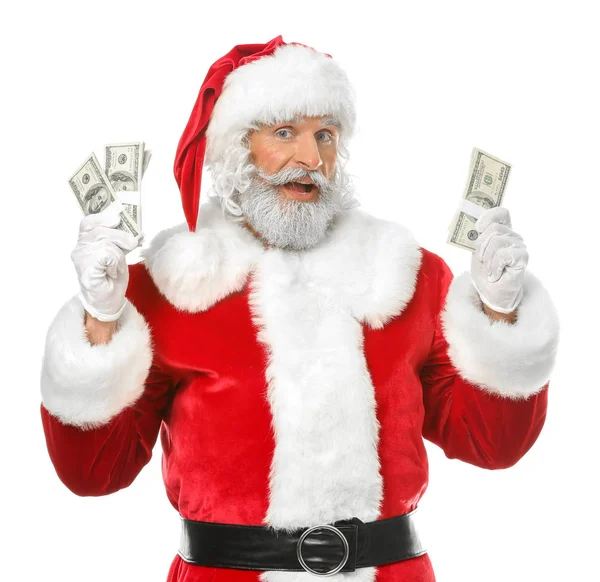 Санта Клаус Долларовыми Банкнотами Белом Фоне — стоковое фото