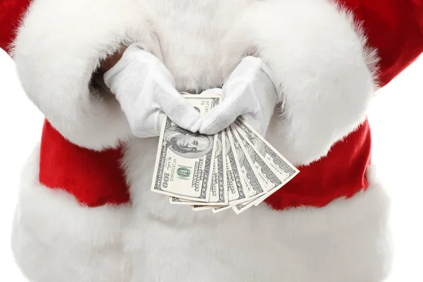 Санта Клаус Деньгами Белом Фоне Крупным Планом — стоковое фото