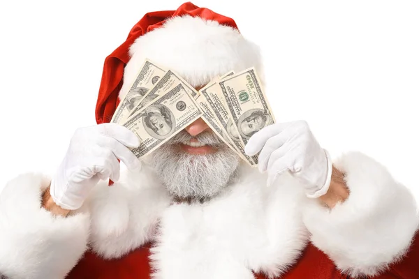 Санта Клаус Деньгами Белом Фоне — стоковое фото