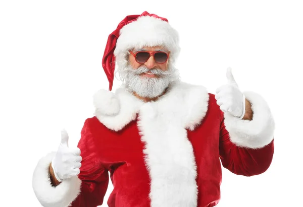 Porträt Des Weihnachtsmannes Mit Daumen Nach Oben Auf Weißem Hintergrund — Stockfoto