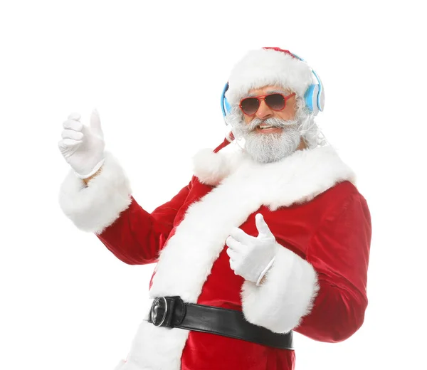 Retrato Papai Noel Ouvindo Música Dançando Fundo Branco — Fotografia de Stock