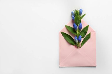 Çiçekler beyaz arka plan üzerine açık posta zarfı