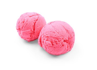 Lezzetli çilekli dondurma topları beyaz arka plan üzerinde