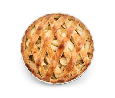 Beyaz zemin üzerine lezzetli elmalı turta ile çanak