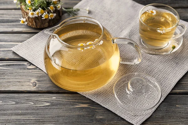 Cup Teapot Delicious Camomile Drink Wooden Table — Stock Photo, Image