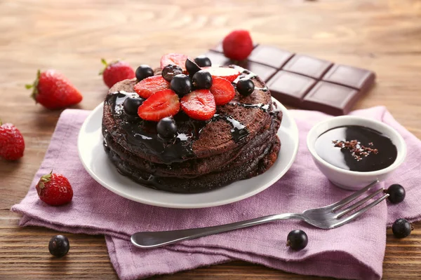 Plate Tasty Chocolate Pancakes Berries Wooden Table — Stock Photo, Image