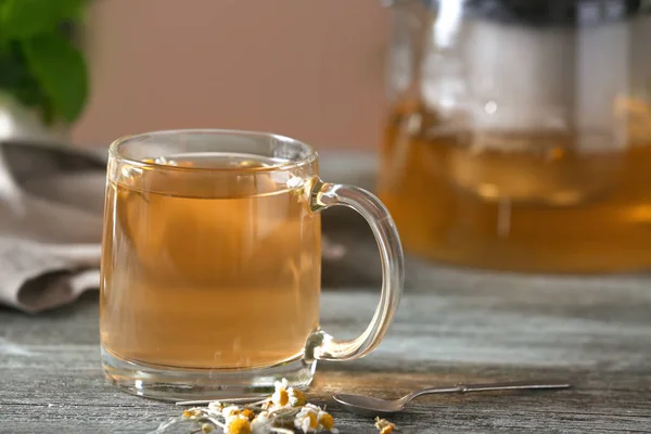 Glass Cup Delicious Chamomile Tea Wooden Table — Stock Photo, Image