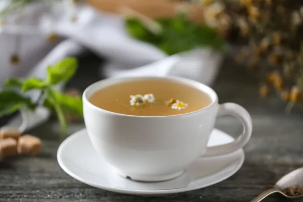 Cup Delicious Chamomile Tea Wooden Table — Stock Photo, Image