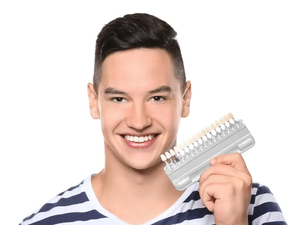 Jovem Com Dentes Amostras Cor Fundo Branco — Fotografia de Stock