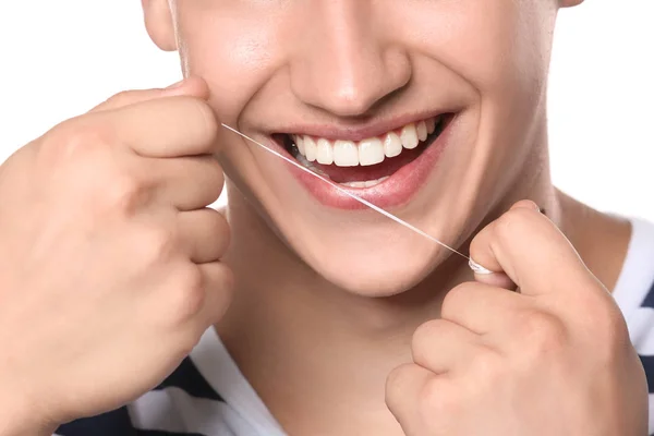 Young Man Flossing Teeth White Background Closeup — Stock Photo, Image