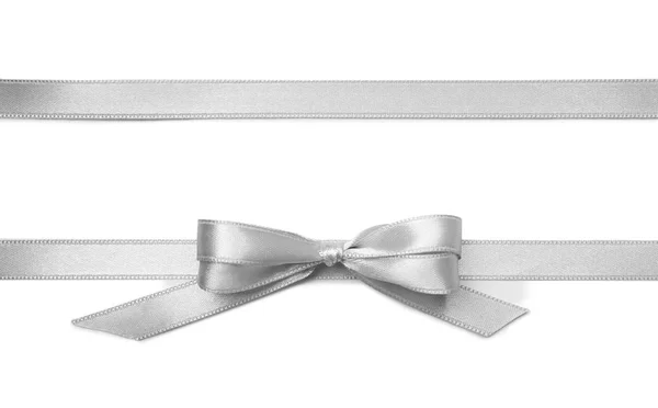 Silver Ribbons Bow White Background — Stock Photo, Image