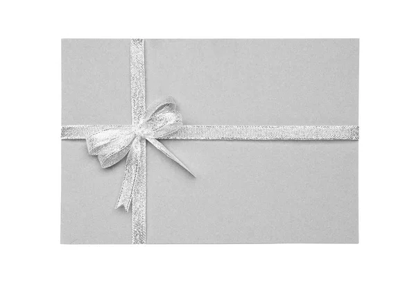 Blank Paper Card Silver Ribbon Bow White Background — Stock Photo, Image