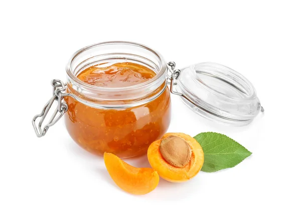 Jar Sweet Apricot Jam Fresh Fruit White Background — Stock Photo, Image
