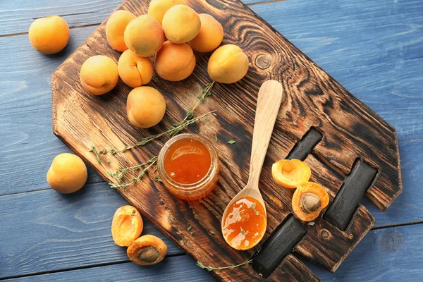 Jar Spoon Sweet Apricot Jam Wooden Board — Stock Photo, Image