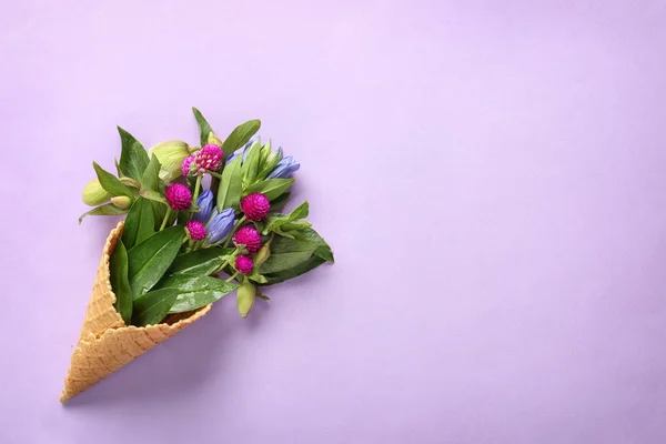 Waffle Cone Beautiful Flowers Color Background — Stock Photo, Image