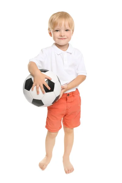 Verspielter Kleiner Junge Mit Fußball Auf Weißem Hintergrund — Stockfoto