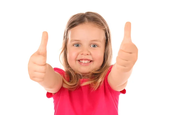 Cute Little Girl Showing Thumb Ups Gesture White Background — Stock Photo, Image