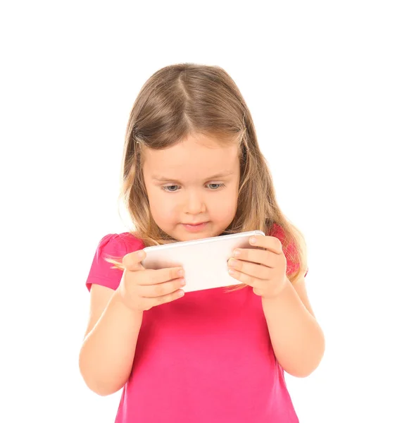 Schattig Klein Meisje Met Mobiele Telefoon Witte Achtergrond — Stockfoto