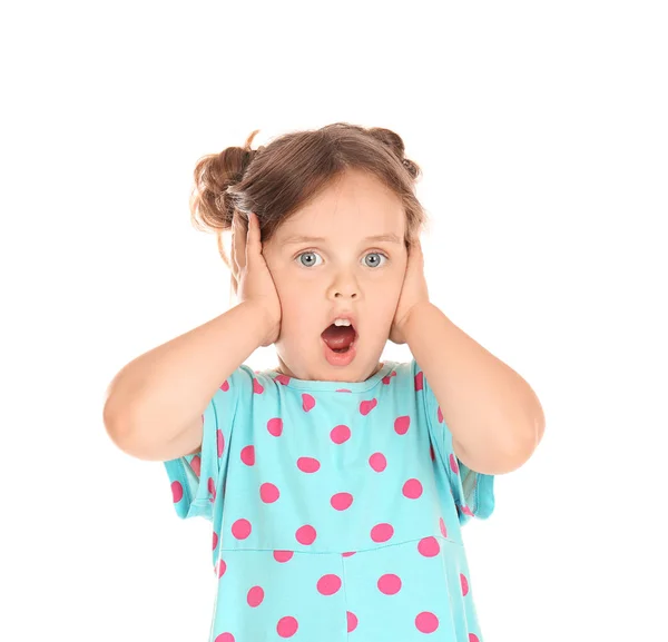 Shocked Little Girl Covering Ears Hands White Background — Stock Photo, Image