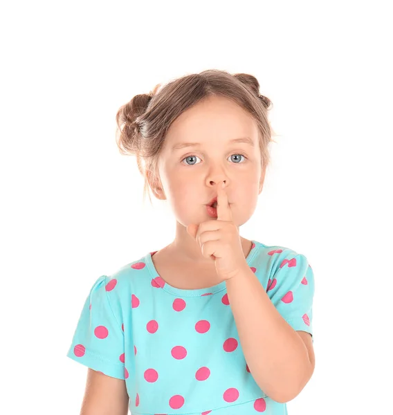 Χαριτωμένο Μικρό Κορίτσι Δείχνει Σιωπή Χειρονομία Λευκό Φόντο — Φωτογραφία Αρχείου