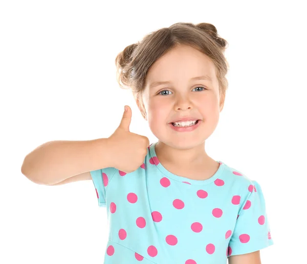 Милая Маленькая Девочка Показывает Большой Палец Вверх Жест Белом Фоне — стоковое фото