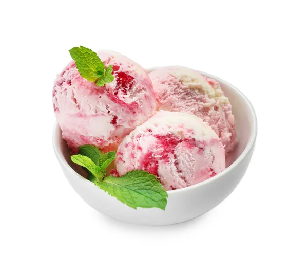 Finom Eper Fagylaltot Fehér Háttér Tál — Stock Fotó