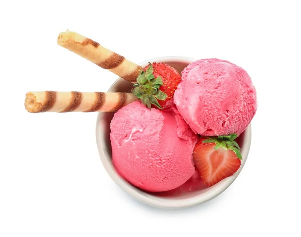 Bowl Delicious Strawberry Ice Cream White Background — Stock Photo, Image