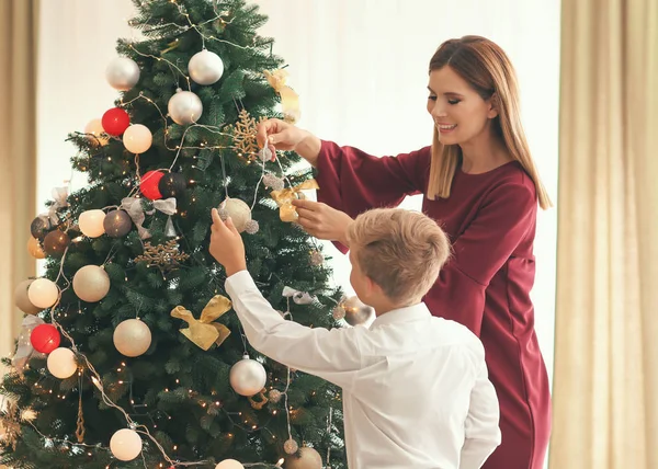 Mother Son Decorating Beautiful Christmas Tree Room — Stock Photo, Image