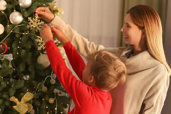 Mother Son Decorating Christmas Tree Room — Stock Photo, Image