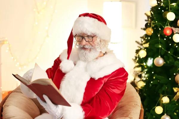 Santa Claus Reading Book Room Decorated Christmas — Stock Photo, Image