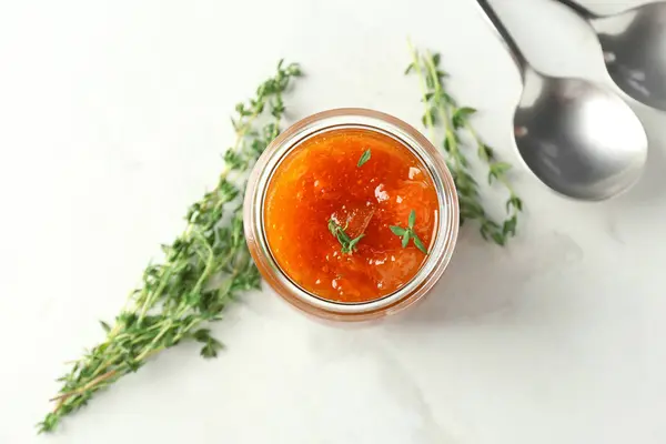 Jar Delicious Apricot Jam Light Table — Stock Photo, Image