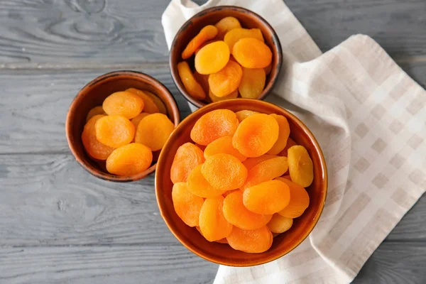 Bowls Dried Apricots Wooden Table — Stock Photo, Image