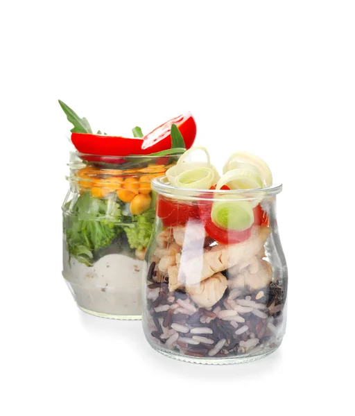 Delicious Vegetable Salads Chicken Mason Jars White Background — Stock Photo, Image