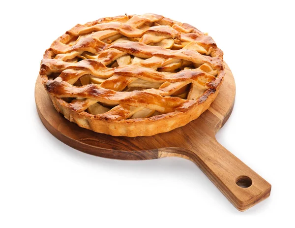 Holzbrett Mit Leckerem Apfelkuchen Auf Weißem Hintergrund — Stockfoto