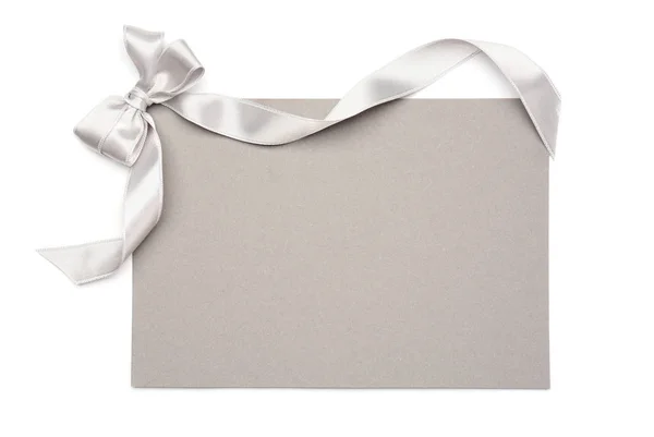 Blank Paper Card Silver Ribbon Bow White Background Royalty Free Stock Images