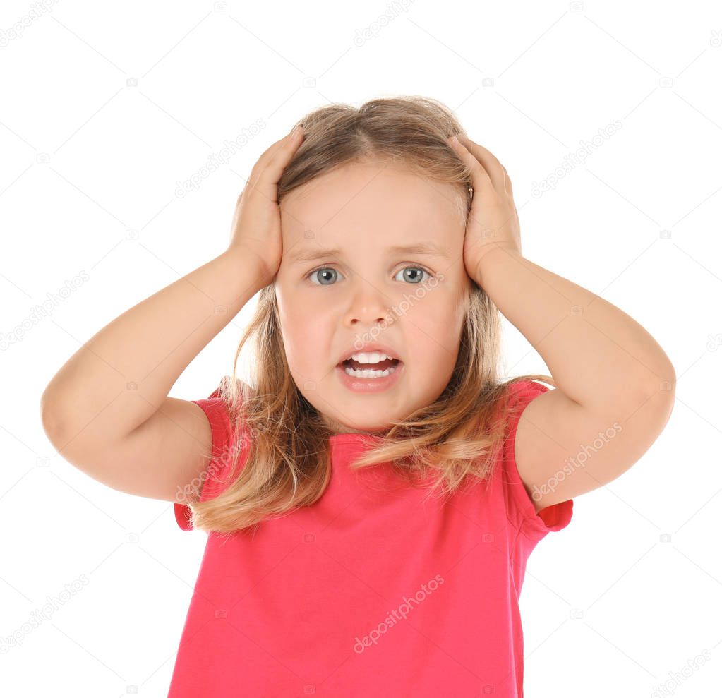 Confused little girl on white background