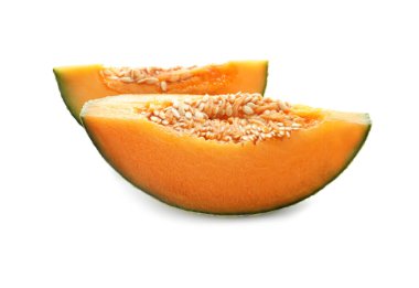 Beyaz arka plan üzerinde olgunlaşmış kavun dilimli