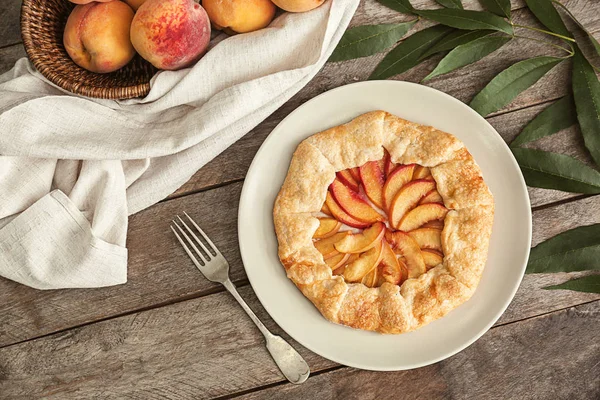 Plate Delicious Peach Galette Wooden Table — Stock Photo, Image
