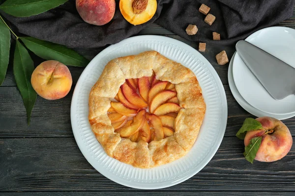 Plate Delicious Peach Galette Wooden Table — Stock Photo, Image