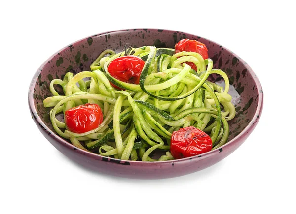 Bol Aux Courgettes Spaghettis Tomates Isolé Sur Blanc — Photo