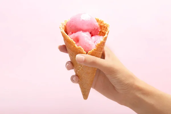 Woman Holding Waffle Cone Delicious Strawberry Ice Cream Color Background — Stock Photo, Image