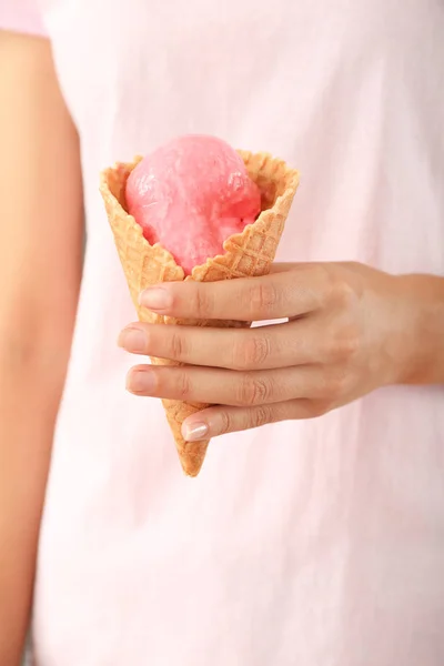 Woman Holding Waffle Cone Delicious Strawberry Ice Cream Closeup — Stock Photo, Image