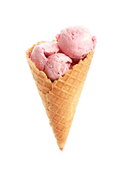 Waffle Cone Delicious Strawberry Ice Cream White Background — Stock Photo, Image