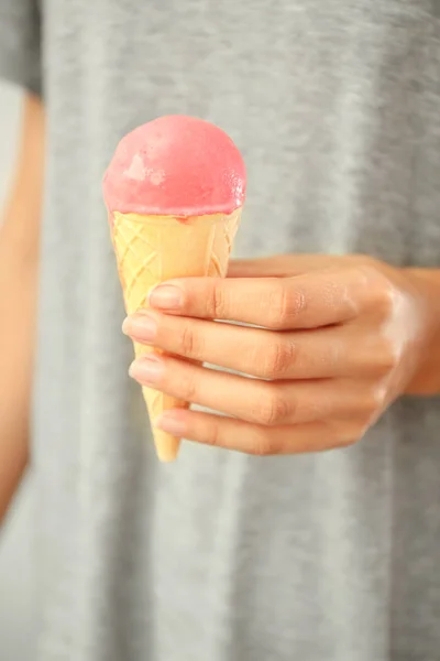 Woman Holding Waffle Cone Delicious Strawberry Ice Cream Closeup — Stock Photo, Image