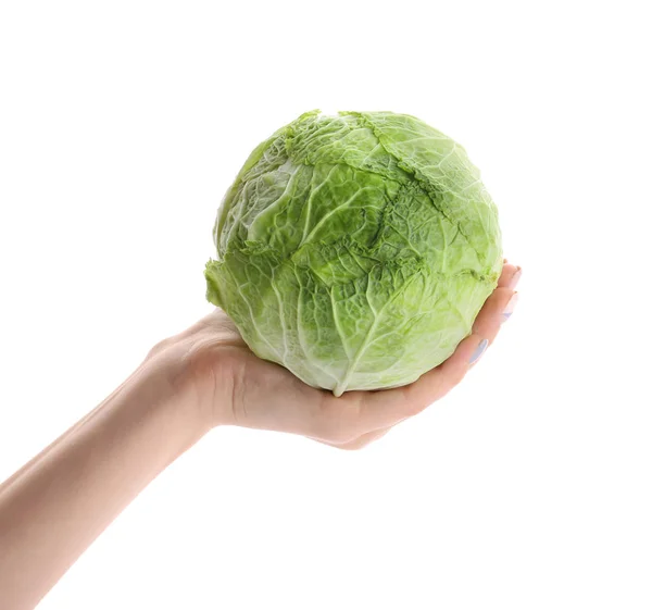 Woman Holding Fresh Cabbage White Background — Stock Photo, Image