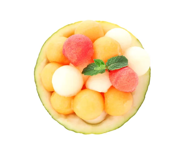 Bowl Fresh Melon Watermelon Balls White Background — Stock Photo, Image