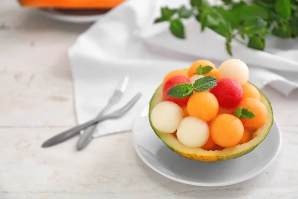 Bowl Fresh Melon Watermelon Balls Light Table — Stock Photo, Image