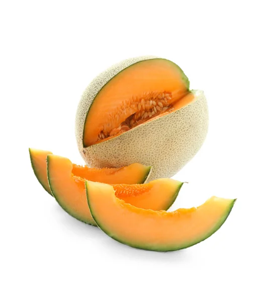 Ripe Meloen Snijden Witte Achtergrond — Stockfoto