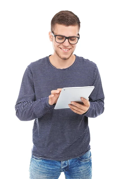 Pohledný Mladý Muž Počítačem Tablet Bílém Pozadí — Stock fotografie