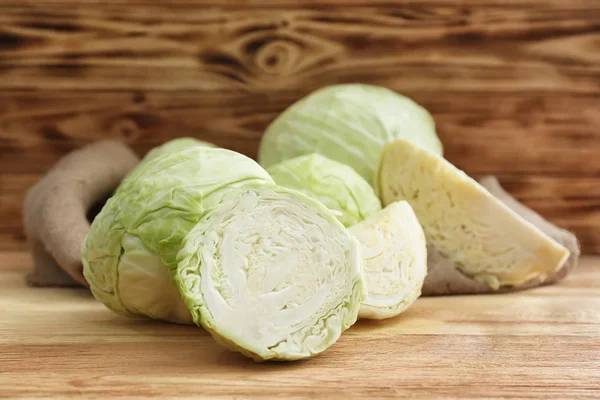 Whole Sliced Cabbage Wooden Table — Stock Photo, Image